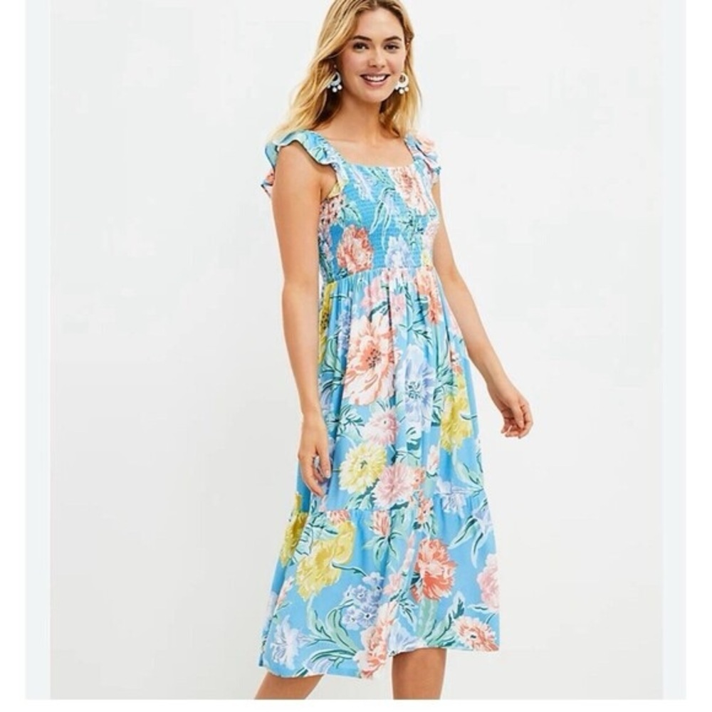 LOFT Garden Smocked Blue Floral Midi Stunning Dress‎
